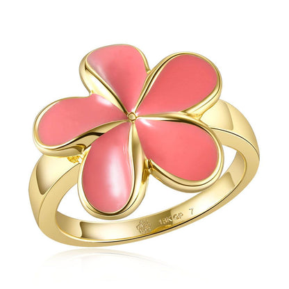 Coral Enamel Plumeria Gold Ring