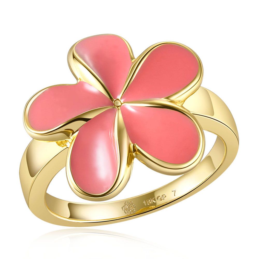 Coral Enamel Plumeria Gold Ring