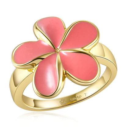 Coral Enamel Plumeria Gold Ring