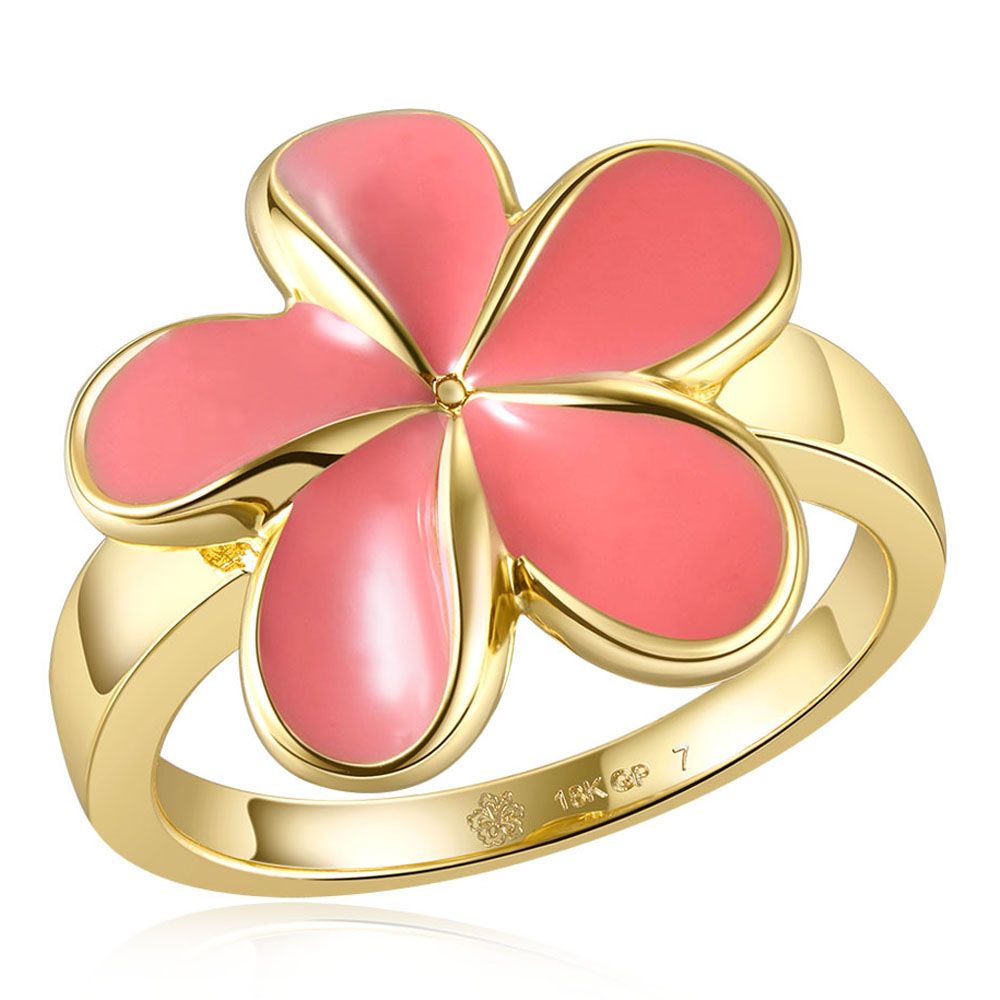 Coral Enamel Plumeria Gold Ring
