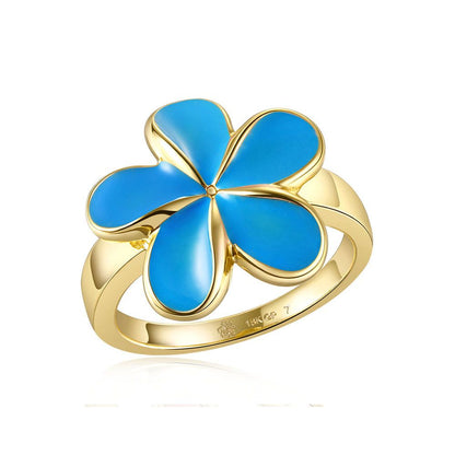Sea Blue Enamel Plumeria Gold Ring