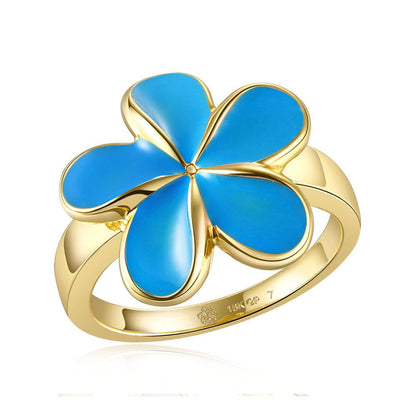 Sea Blue Enamel Plumeria Gold Ring