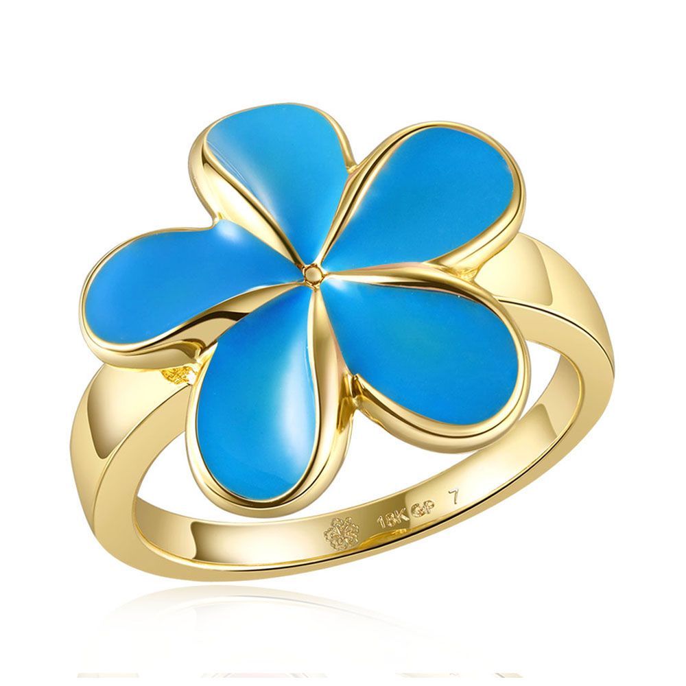 Sea Blue Enamel Plumeria Gold Ring