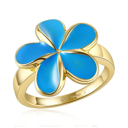 Sea Blue Enamel Plumeria Gold Ring