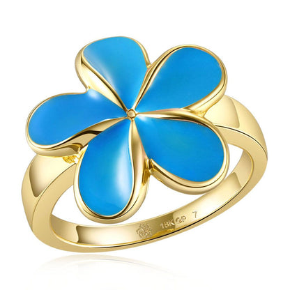 Sea Blue Enamel Plumeria Gold Ring