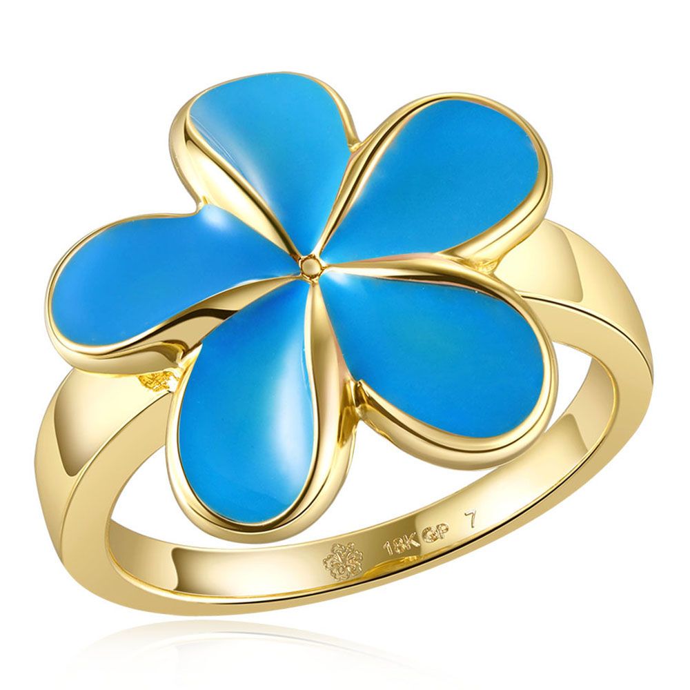 Sea Blue Enamel Plumeria Gold Ring