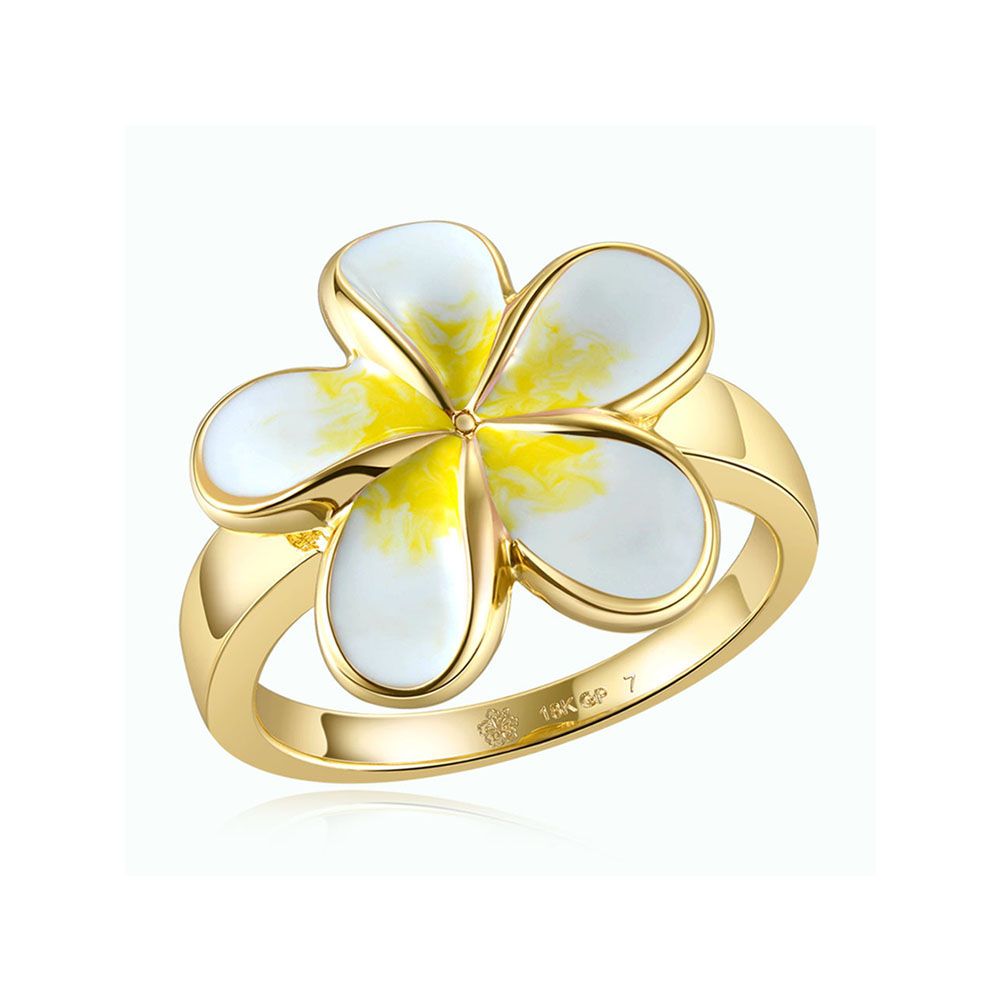 White Enamel Plumeria Gold Ring