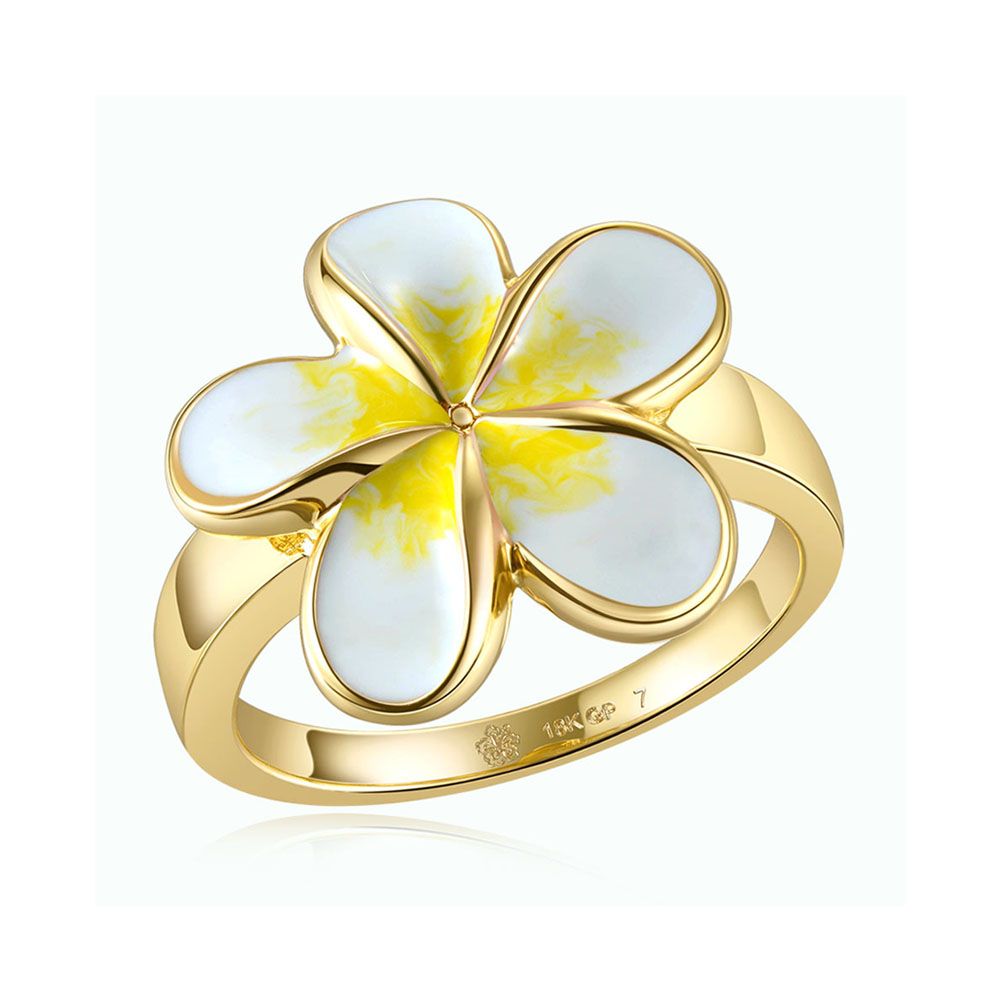 White Enamel Plumeria Gold Ring