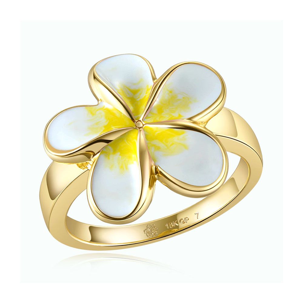 White Enamel Plumeria Gold Ring
