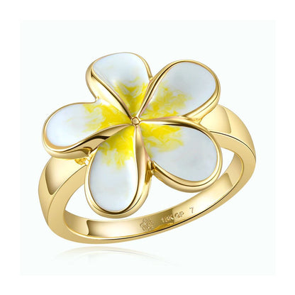 White Enamel Plumeria Gold Ring