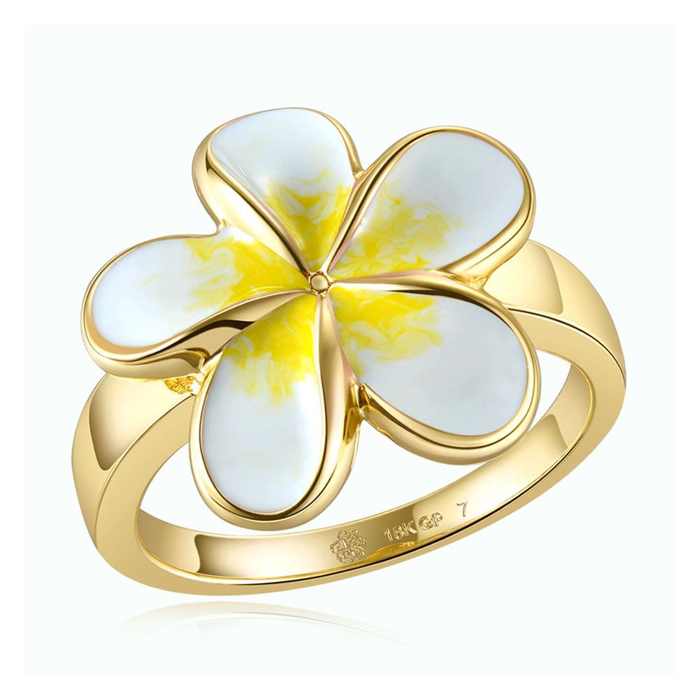 White Enamel Plumeria Gold Ring