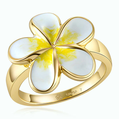 White Enamel Plumeria Gold Ring