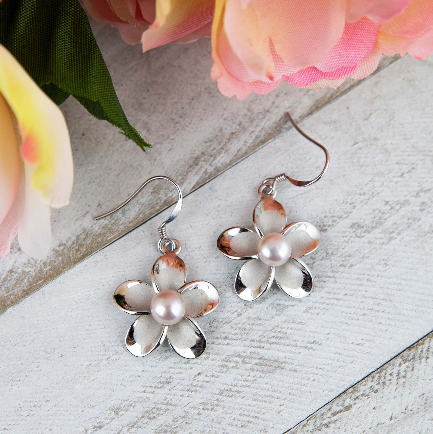 Pearl Plumeria Hook Earrings