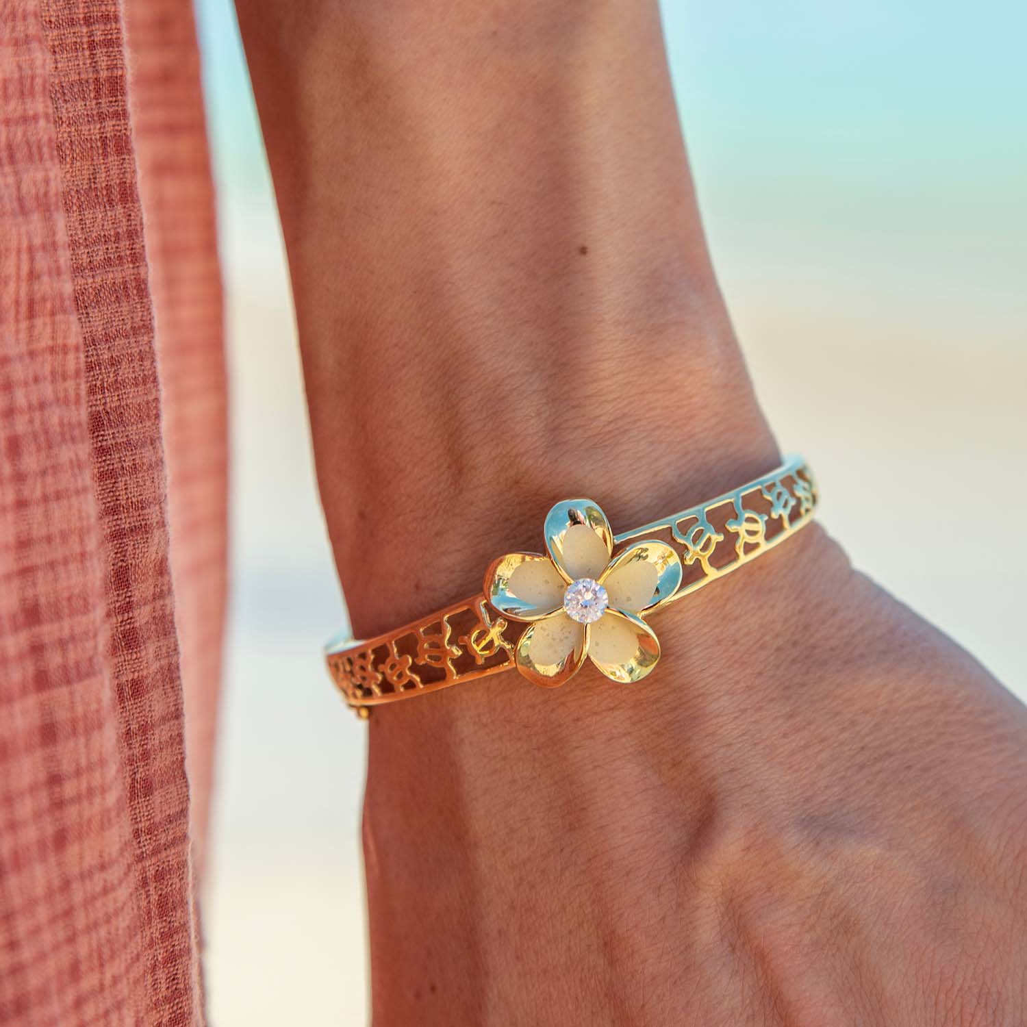 Gold Plumeria Flower Bangle with Sea Turtle - Waikiki Waves