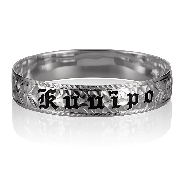 12 mm sterling silver Hawaiian engraved smooth bangle featuring the Hawaiian word ku'uipo. 