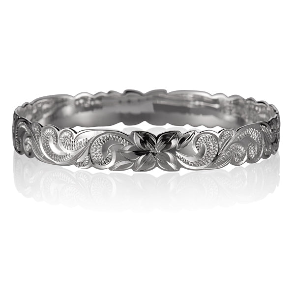 The picture shows a sterling silver Hawaiian flower scroll bangle. 