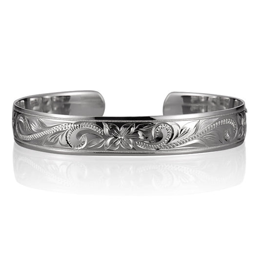 The photo shows a sterling silver plumeria scroll cuff bangle with smooth edges.