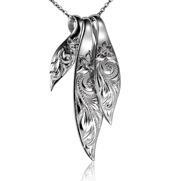 The picture is a sterling silver 3-in-1 leave pendant with a plumeria flower scroll engraving. 