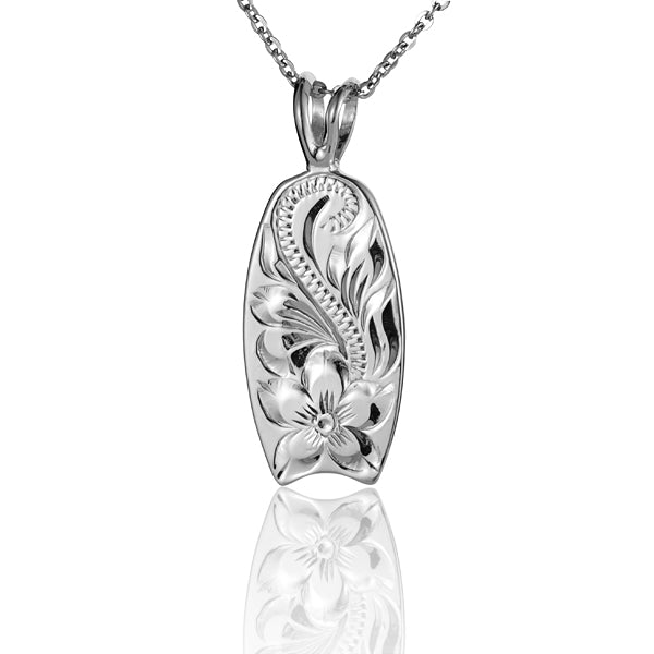 The photo shows a sterling silver flower scroll bodyboard pendant