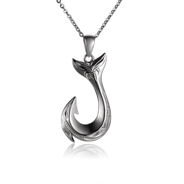 The photo shows a sterling silver fishhook design pendant. 