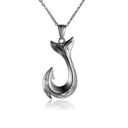 The photo shows a sterling silver fishhook design pendant. 