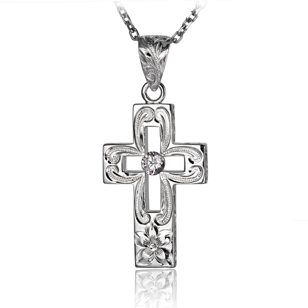 The photo is a sterling silver scroll hollow cross pendant featuring cubic zirconia.
