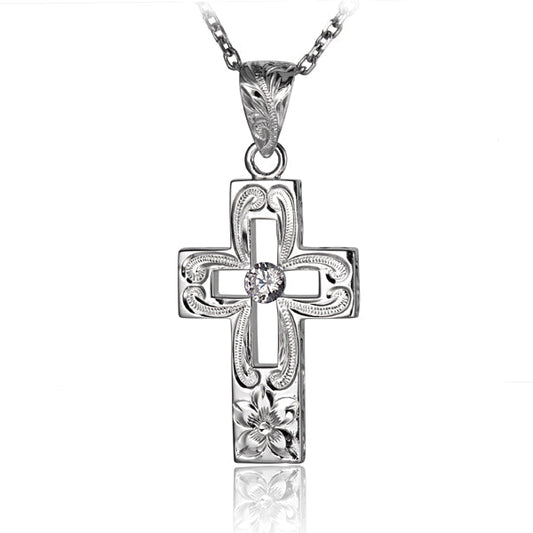 The photo is a sterling silver scroll hollow cross pendant featuring cubic zirconia.