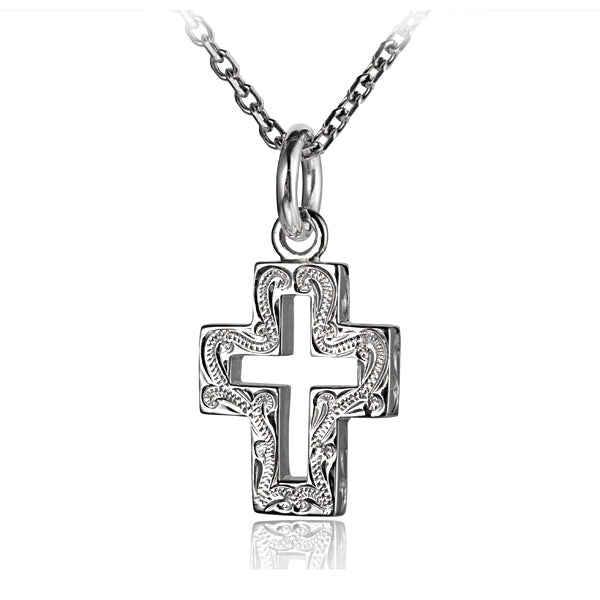 The picture shows a 925 sterling silver scroll hollow cross pendant.