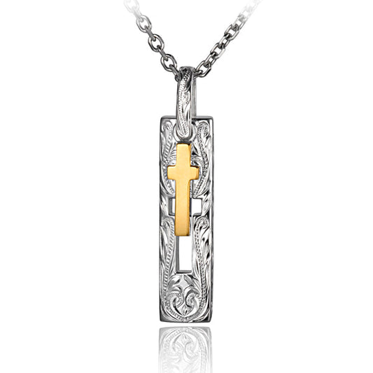 The photos shows a two-tone gold vermeil hollow cross pendant.