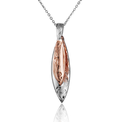 The picture shows a two-tone white and rose gold vermeil scroll double surfboard pendant. 