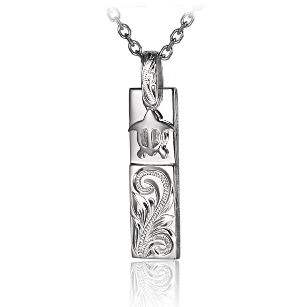 The picture shows a white gold vermeil scroll bar sea turtle pendant.
