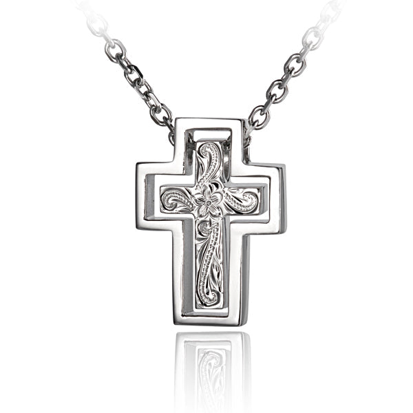 The picture shows a white gold vermeil 2-in-1 scroll cross pendant.