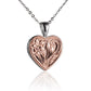 The photo shows a two-tone white and rose gold vermeil scroll heart pendant. 