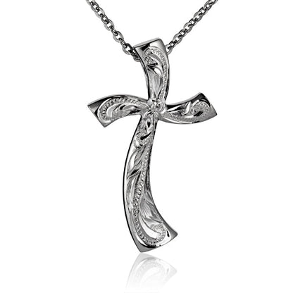 The picture has a sterling silver cross pendant with a scroll motif engraved. 