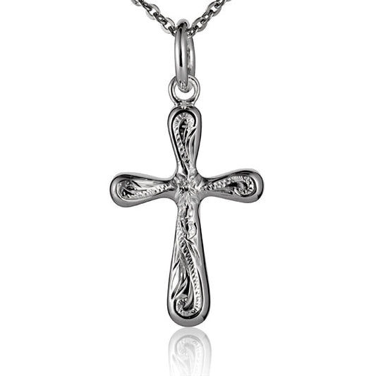 The photo shows a sterling silver cross with a scroll engraving. 