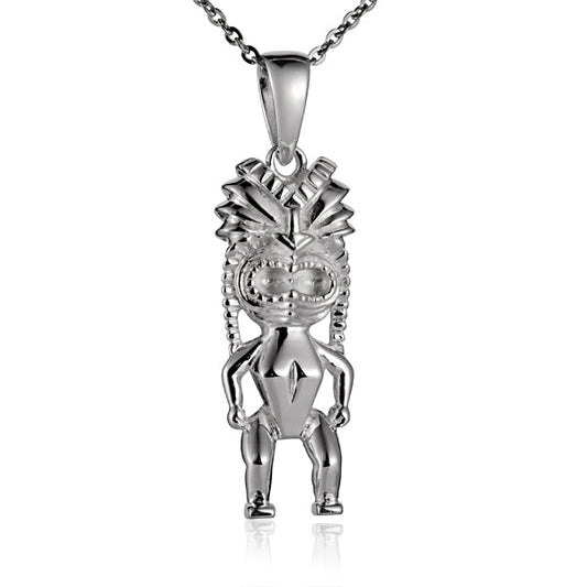 The photo shows a sterling silver tiki pendant. 