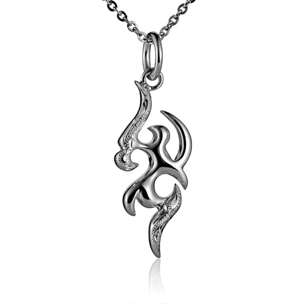 The photo is a sterling silver scroll pendant featuring a flames design.