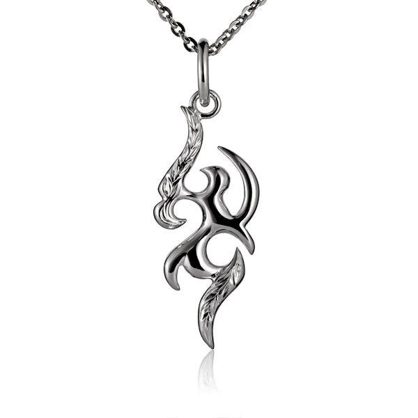 The photo is a sterling silver scroll pendant featuring a flames design. 