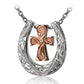 The photo shows a white gold vermeil scroll horse shoe pendant featuring a yellow gold cross design.