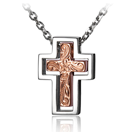 The picture shows a two-tone gold vermeil 2-in-1 scroll cross pendant.