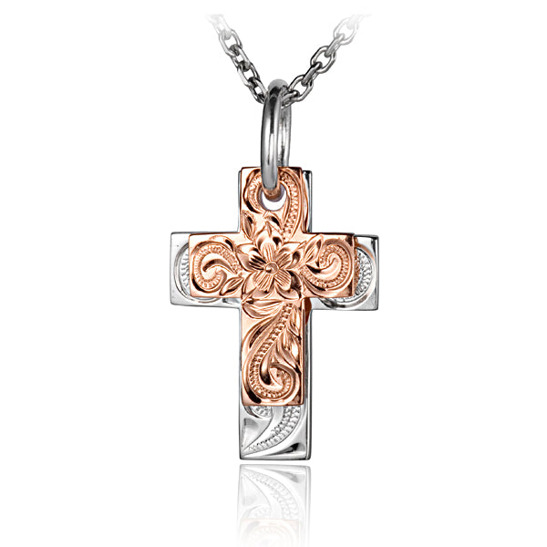 The picture is a sterling silver rose gold vermeil cross pendant with a flower scroll engrave. 