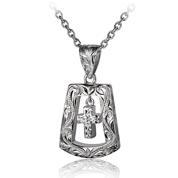 The photo shows a gold vermeil cross in trapezoid pendant.