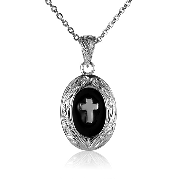The picture shows a sterling silver cross oval shape pendant featuring a black enamel.