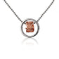 The photo shows a sterling silver and rose gold vermeil scroll circle and ring pendant.