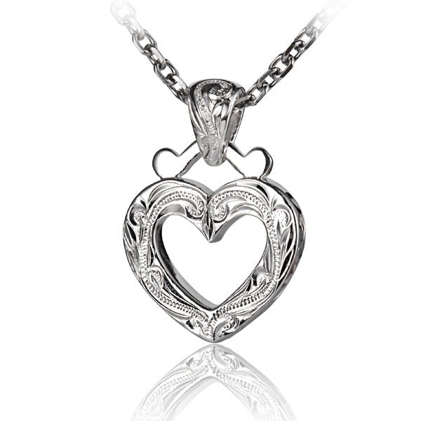 The picture shows a sterling silver scroll outline heart pendant.