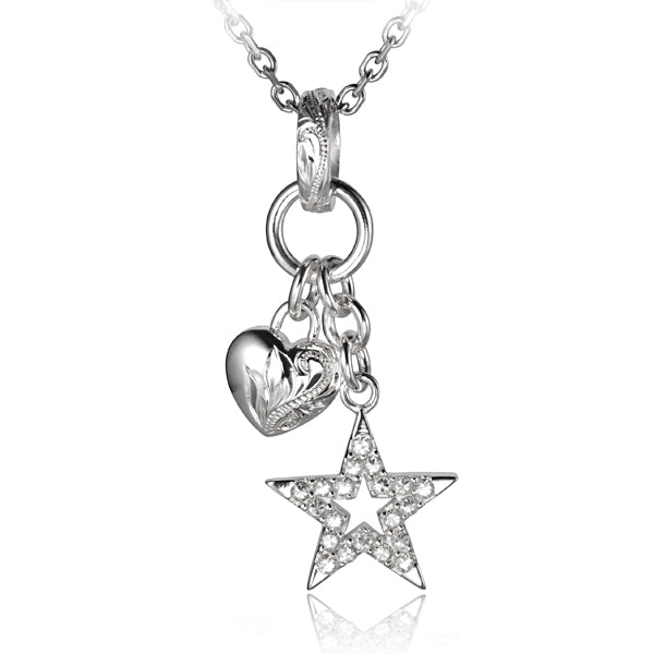 The picture shows a sterling silver espiral scroll bell, heart, and star charm pendant.