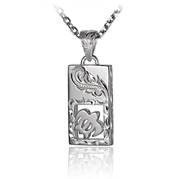 The photo shows a sterling silver bar pendant featuring a sea turtle and scroll design. 