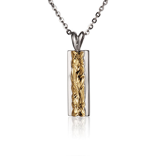 The photo is a sterling silver yellow gold vermeil plumeria bar pendant. 