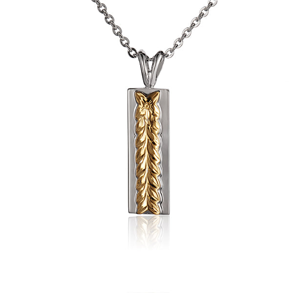The photo shows a sterling silver yellow gold vermeil maile flower bar pendant.