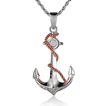 The photo shows a sterling silver and rose gold vermeil rope and anchor pendant. 